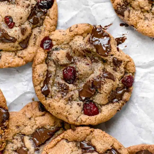 Cookie with gooey chocolate and cranberries