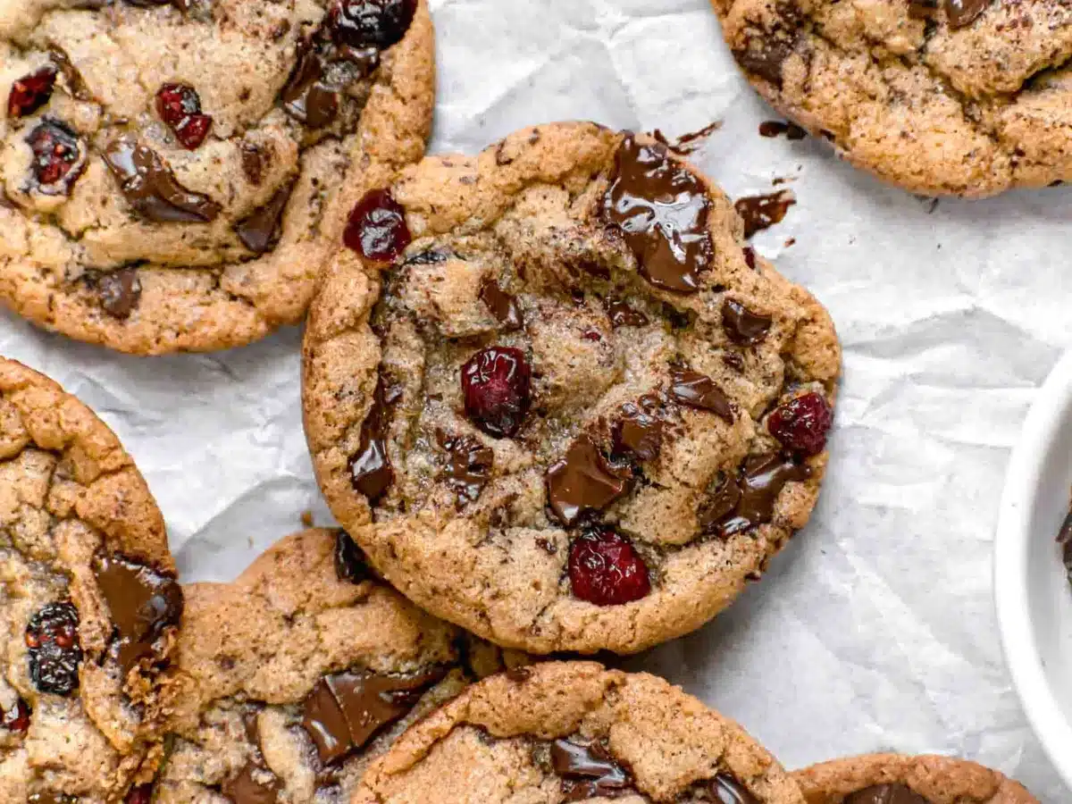 Cookie with gooey chocolate and cranberries