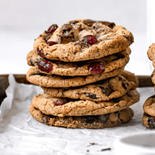 stack of cookies with chocolate and cranberries