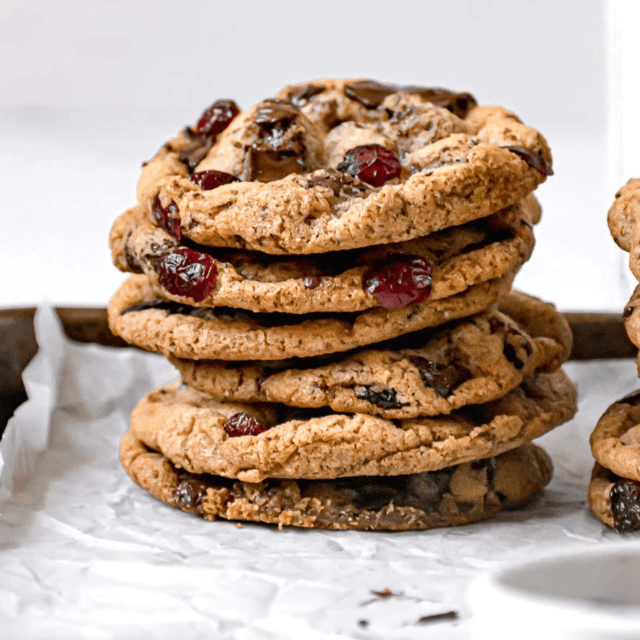 stack of cookies with chocolate and cranberries
