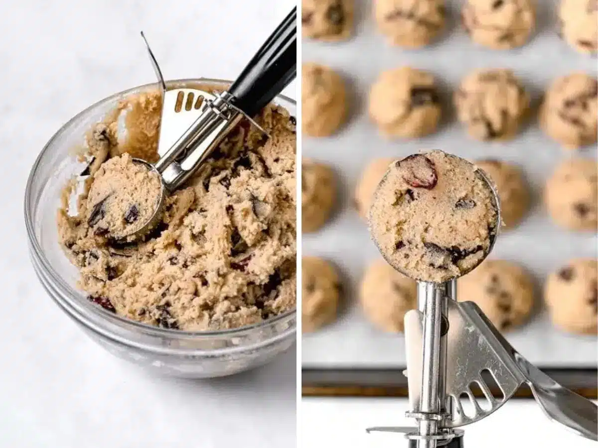 finished mixing cookie dough and scooping cookies collage