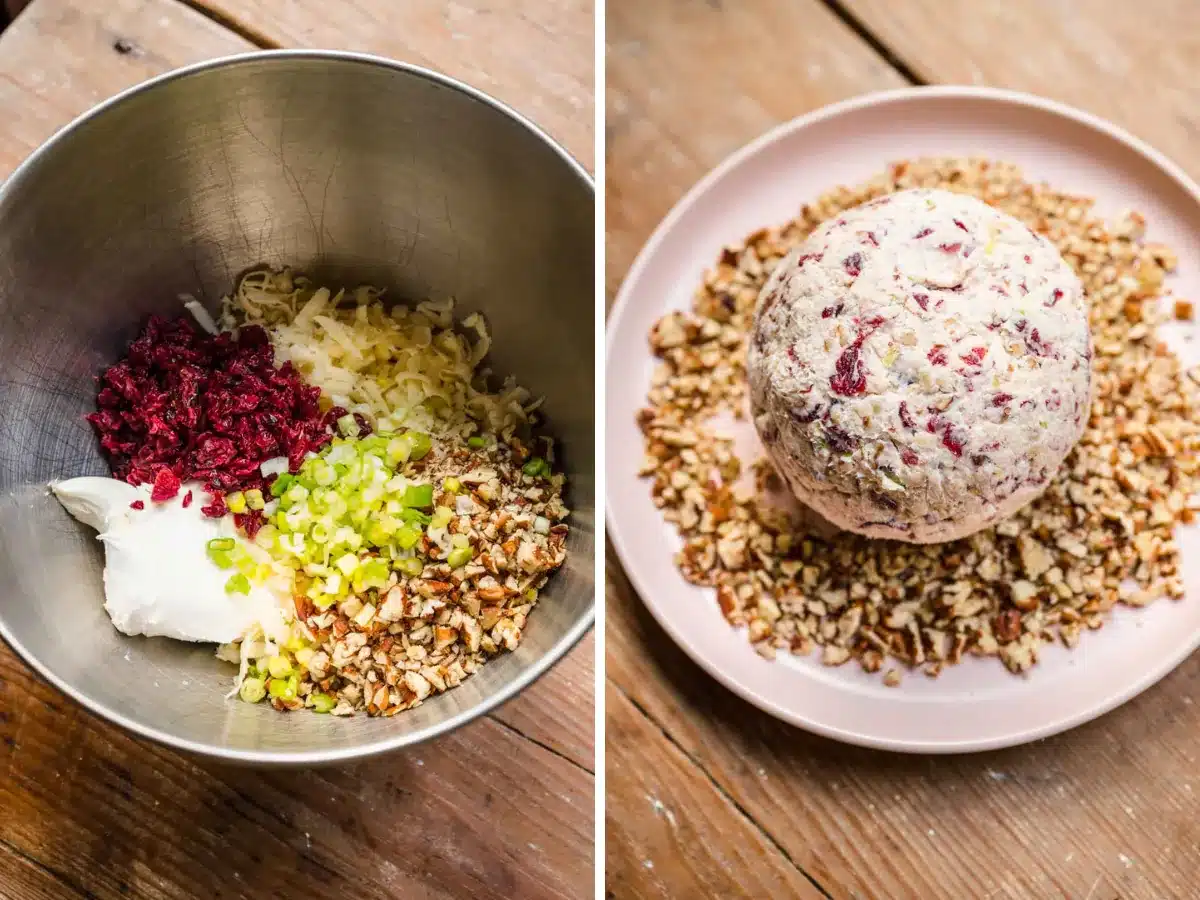 ingredients and cheeseball before its rolled in nut 