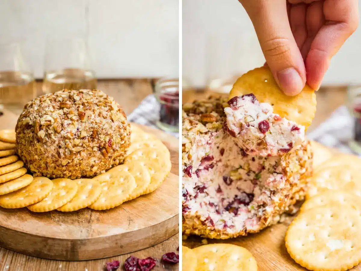 collage of finished cheeseball and cracker with cheeeball