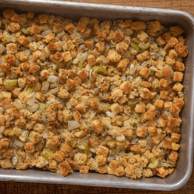 stuffing in a baking dish