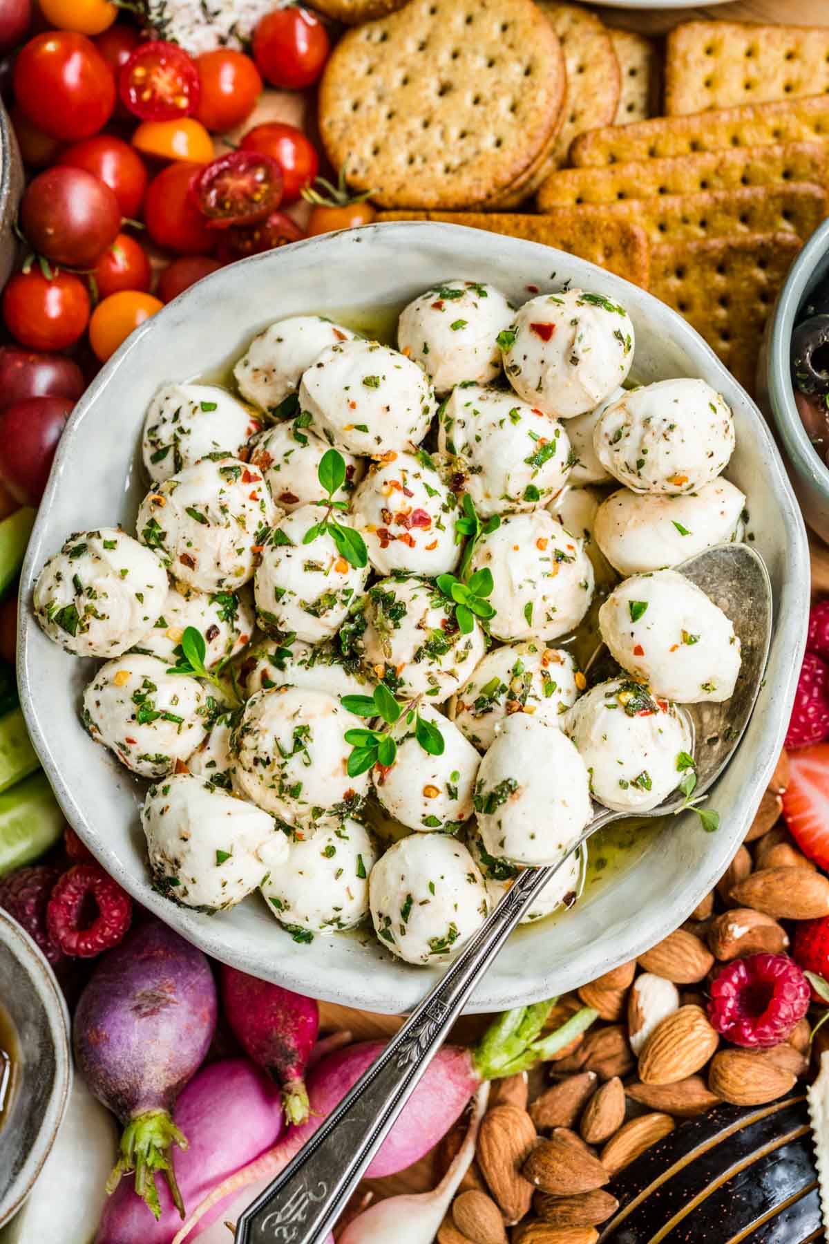 Marinated Mozzarella Balls in serving bowl