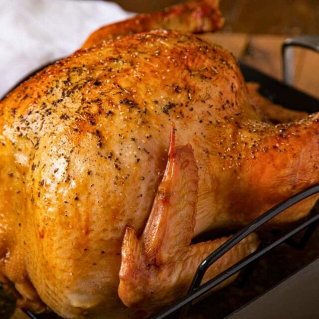 Whole roasted turkey in roasting pan.