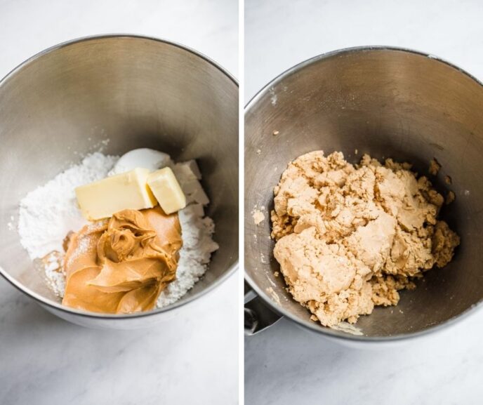 Peanut Butter Truffles Ingredients in Bowl Before and After Mixing