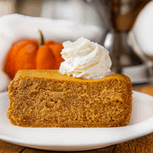 slice of autumn-flavored creamy dessert on a plate with cream on top