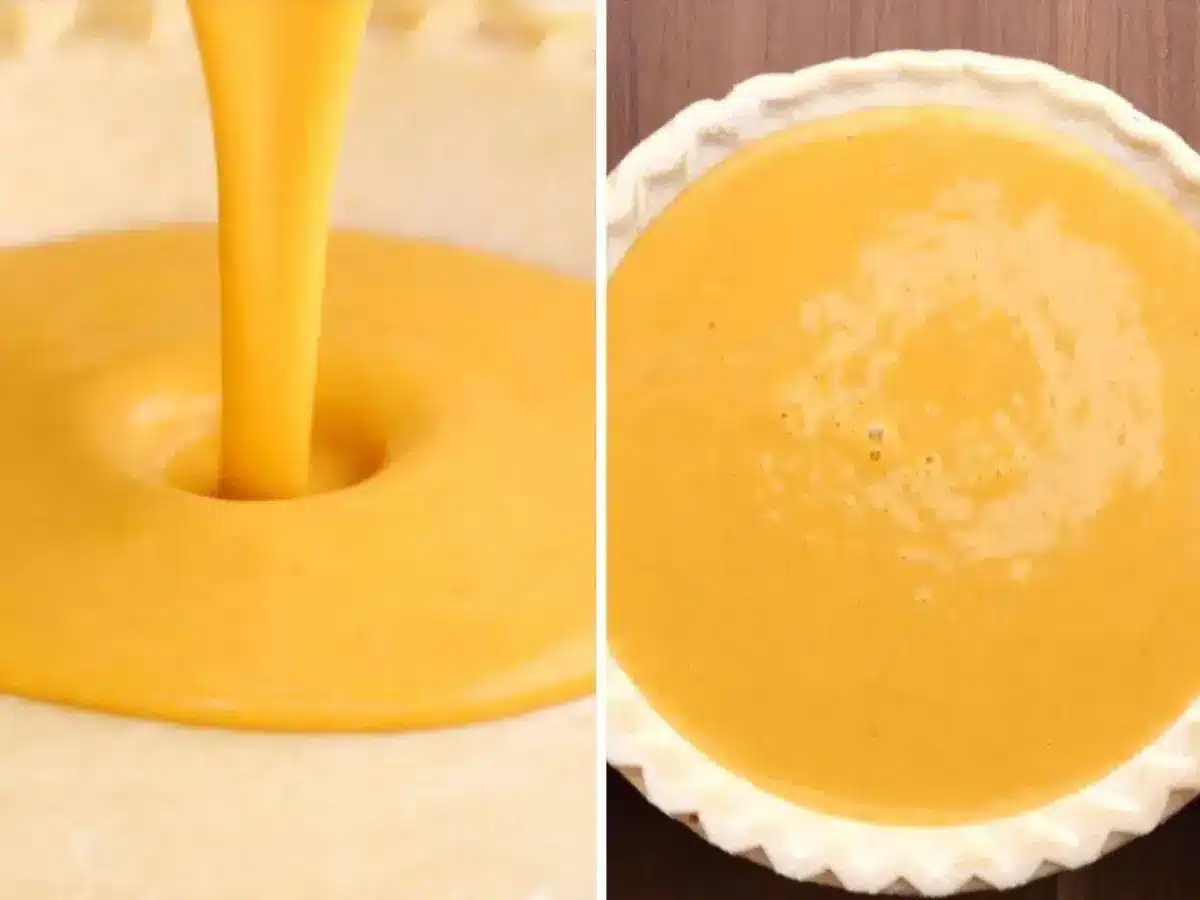 Ingredients being poured into pie crust