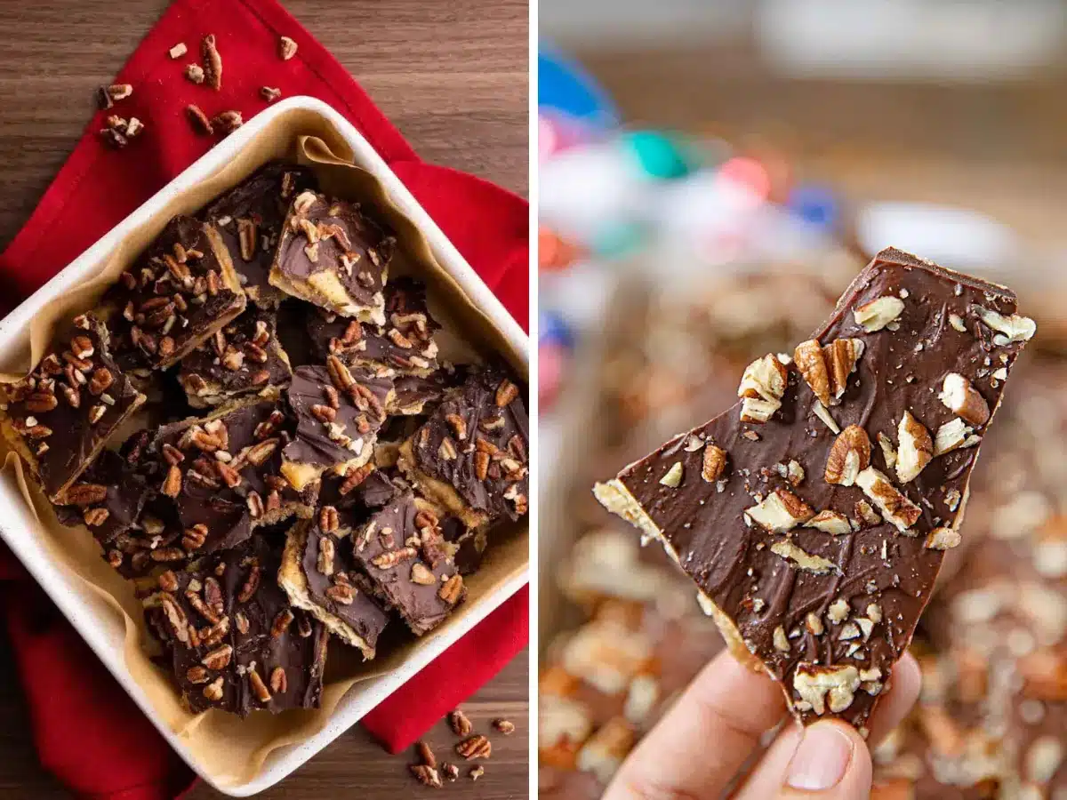 collage of toffee in a bowl and hand holding toffee 