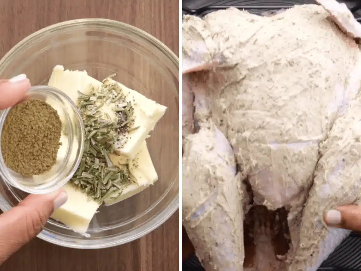 Collage of meat rubbed with butter and bowl of spices and butter