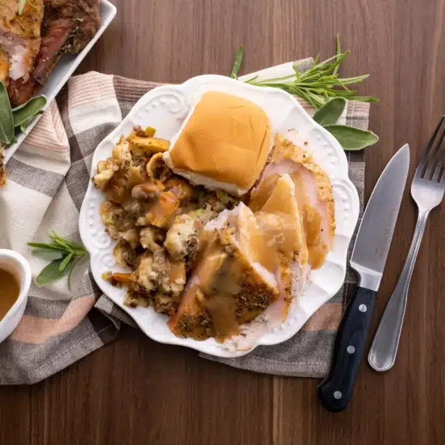 Top view of served dish with sides and meat