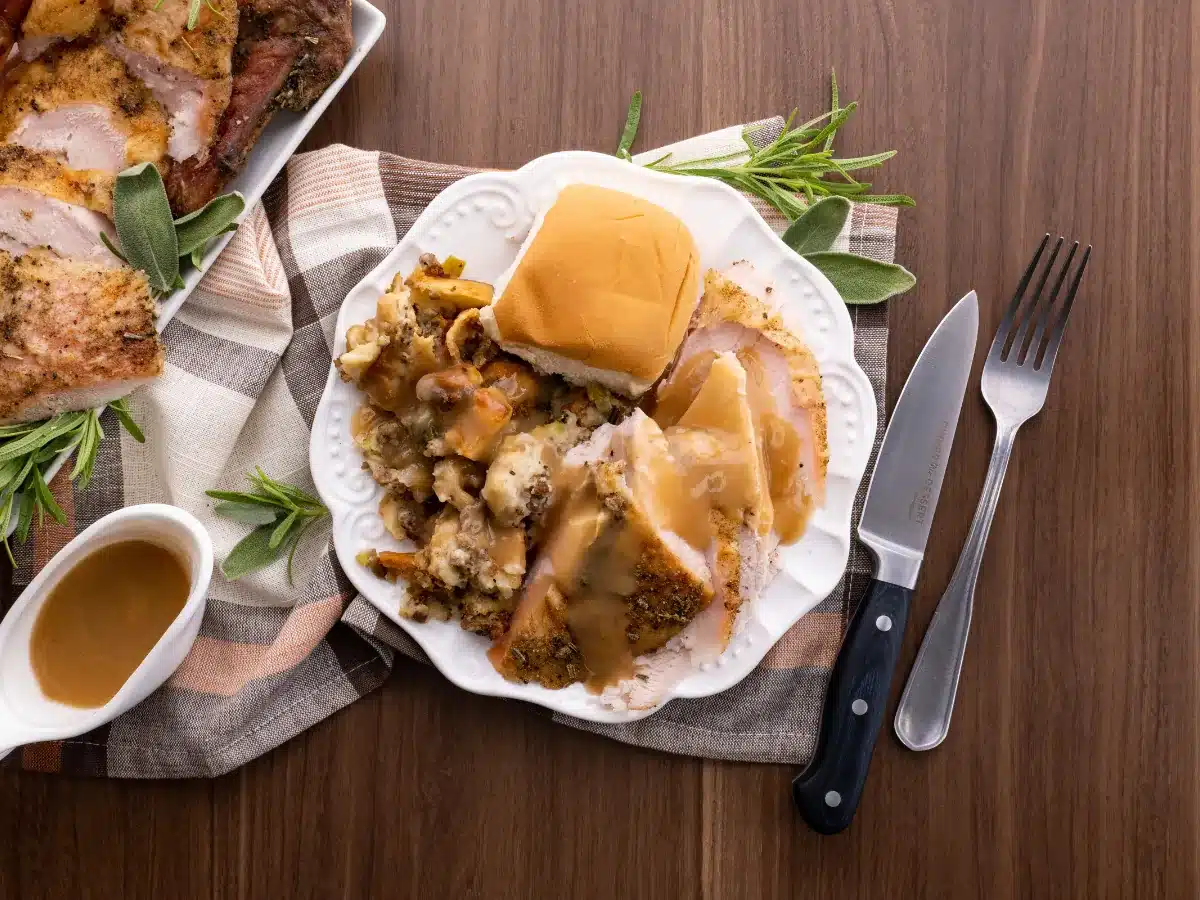 Top view of served dish with sides and meat