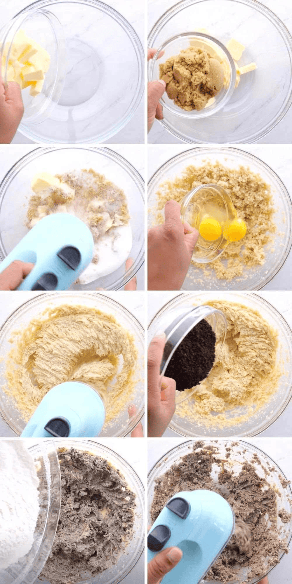 Collage adding ingredients to cookie dough