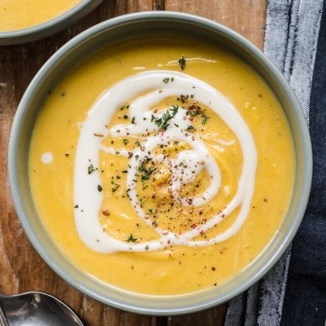 Soup bowl filled with rich soup.