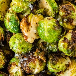 Close up of roasted Brussels sprouts.