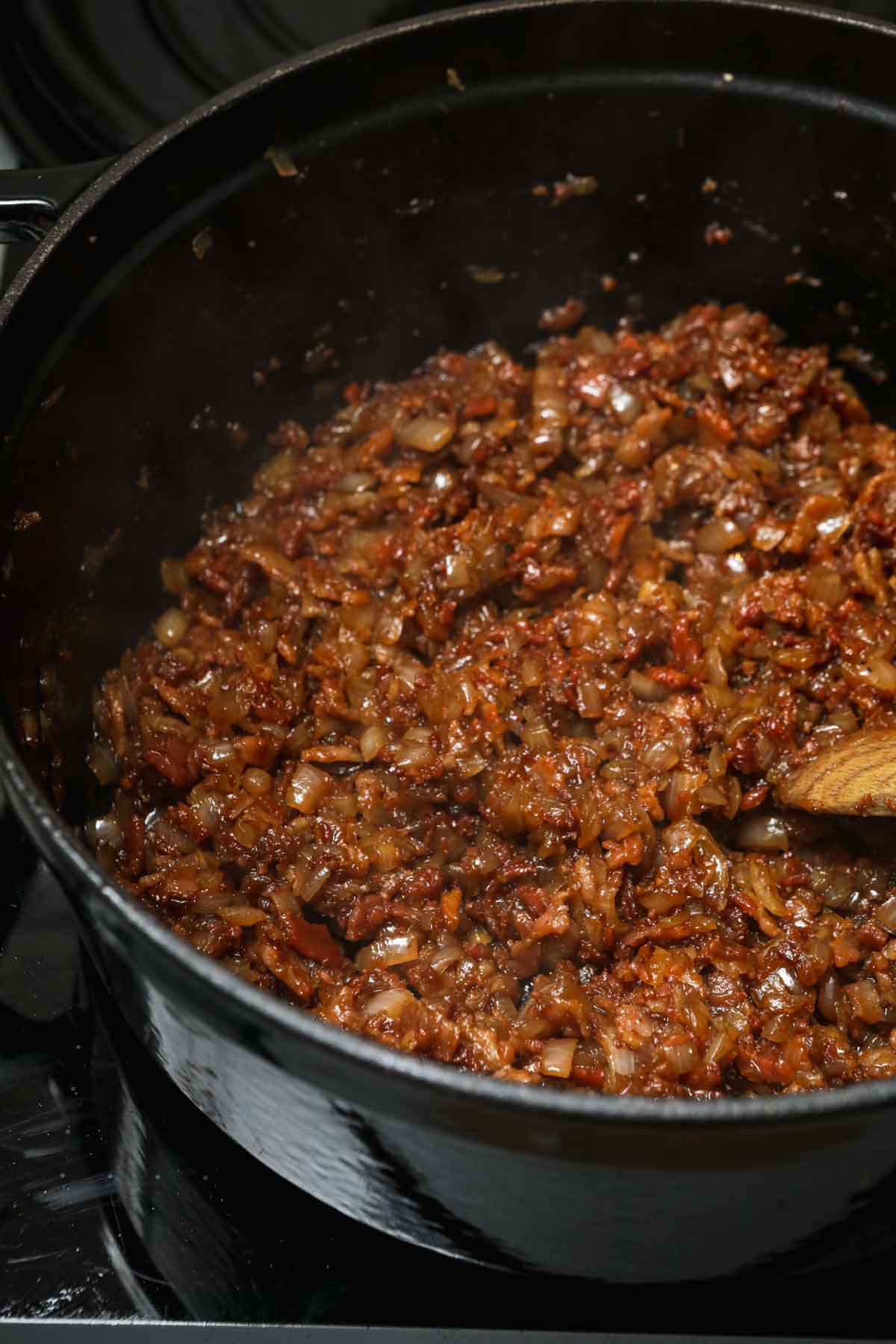 Bacon Jam chopped cooked bacon and onions and seasonings in pan