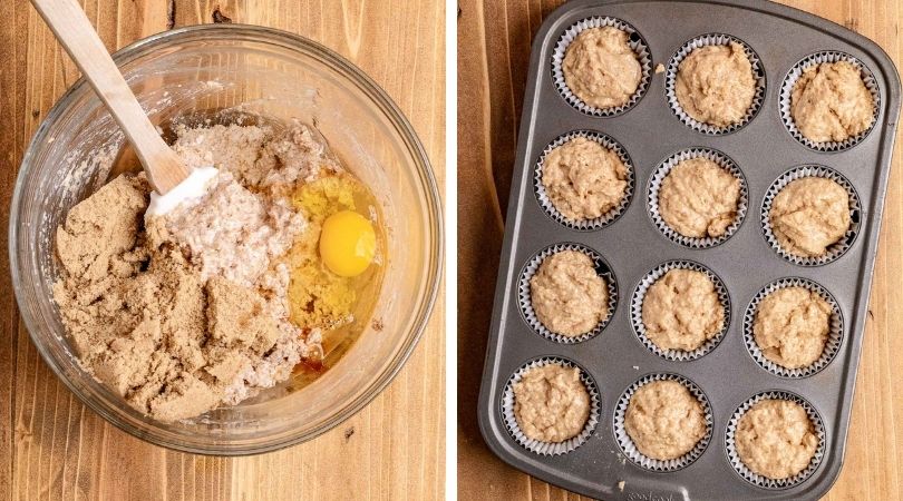 Bran Muffin Batter in Mixing Bowl and Muffin Tin