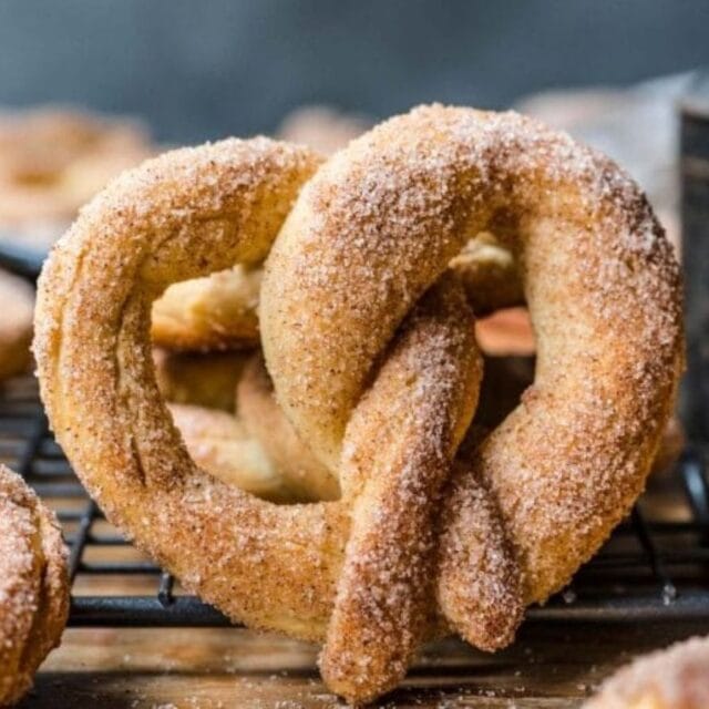 Close up of cinnamon and sugar coated pretzel