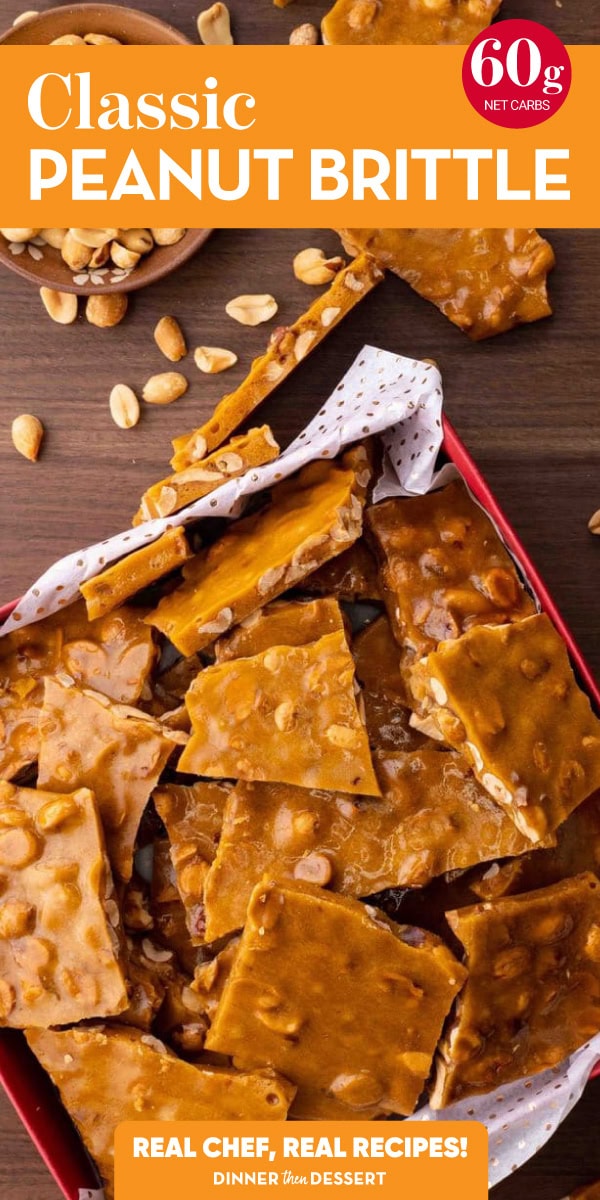 Crunchy candy with recipe title over the top