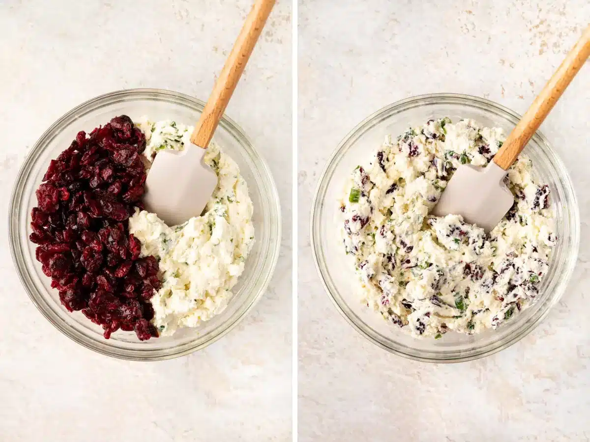 Collage of ingredients in a bowls being mixed