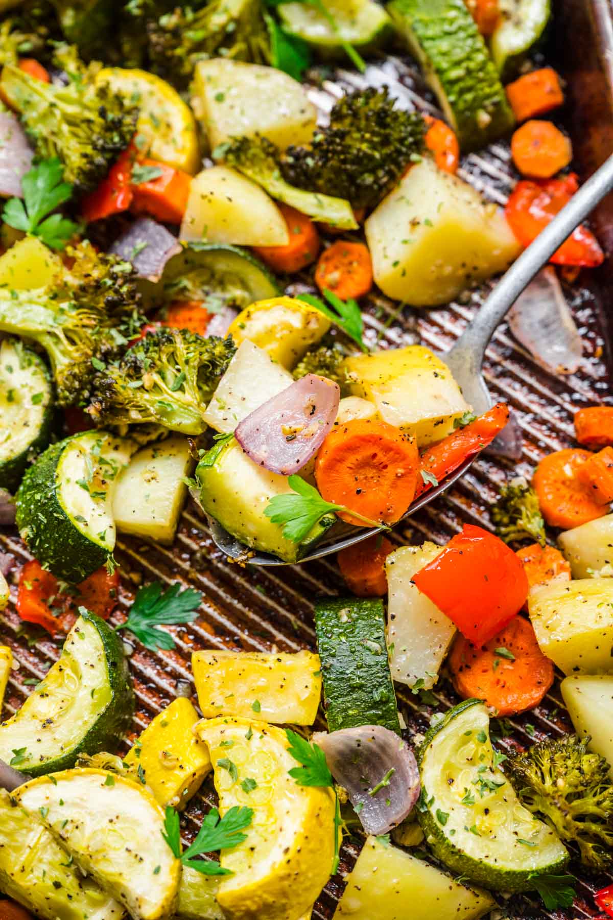 Easy Roasted Vegetables spoonful closeup