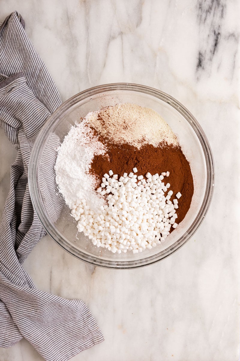 Hot Chocolate Mix ingredients in large glass bowl