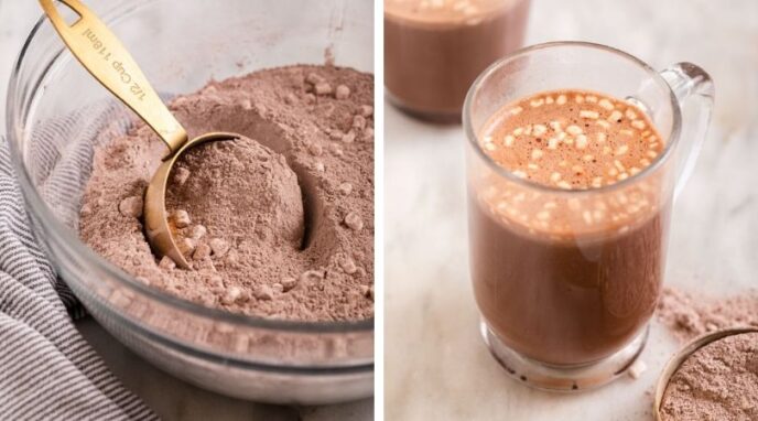 Hot Chocolate Mix ingredients in large glass bowl and in mug prepared collage