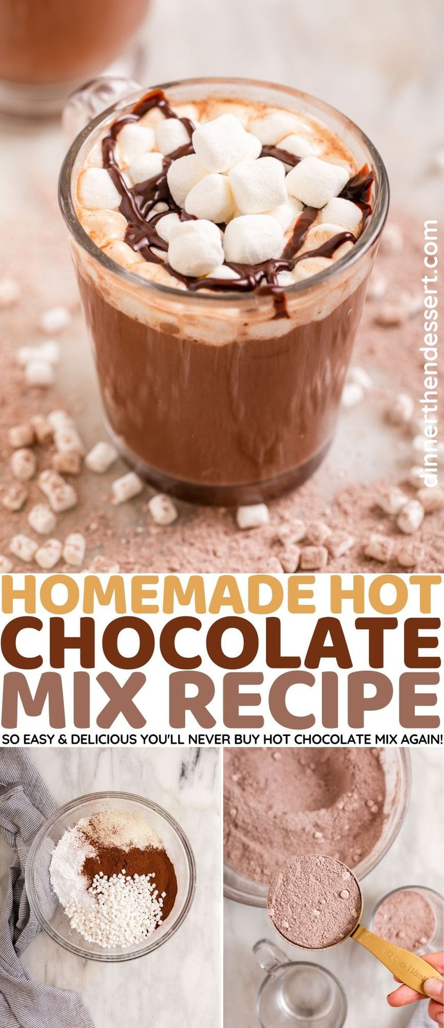 Hot Chocolate Mix Prepared in Glass Mug with Marshmallows and Chocolate Sauce collage