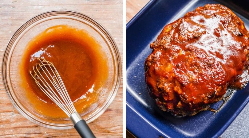 Instant Pot Meatloaf glaze in bowl and meatloaf glazed in dish collage