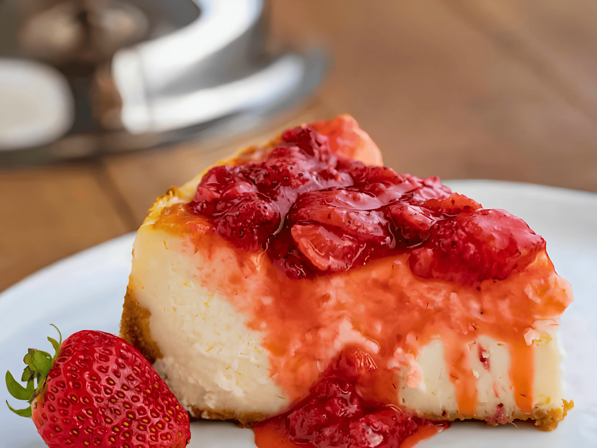 slice of cream cheese dessert on a white plate with strawberries