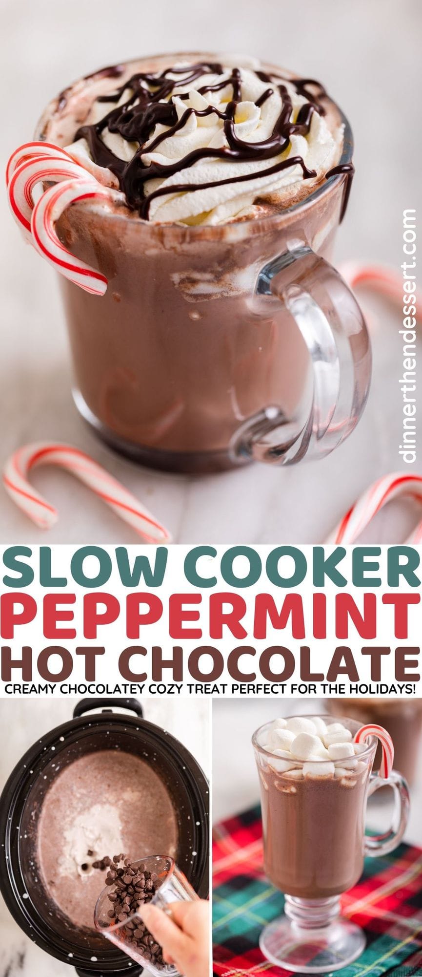 Slow Cooker Peppermint Hot Chocolate in slow cooker and mugs collage