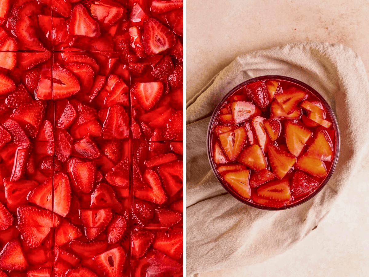 Collage of strawberry dessert in pan and bowl of strawberries