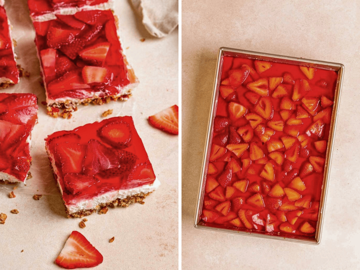Collage of strawberry dessert slices and pan of strawberries
