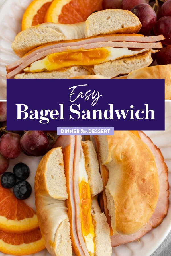 Breakfast sandwich made with bagel, ham, egg, and cheese.