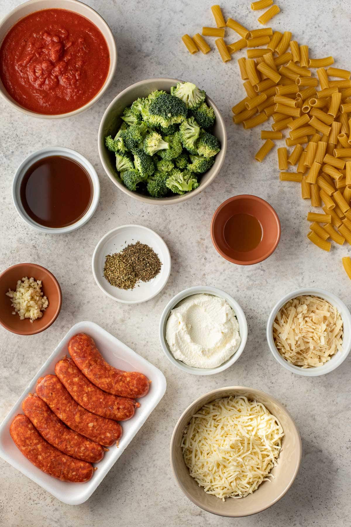 Baked Rigatoni ingredients in prep bowls