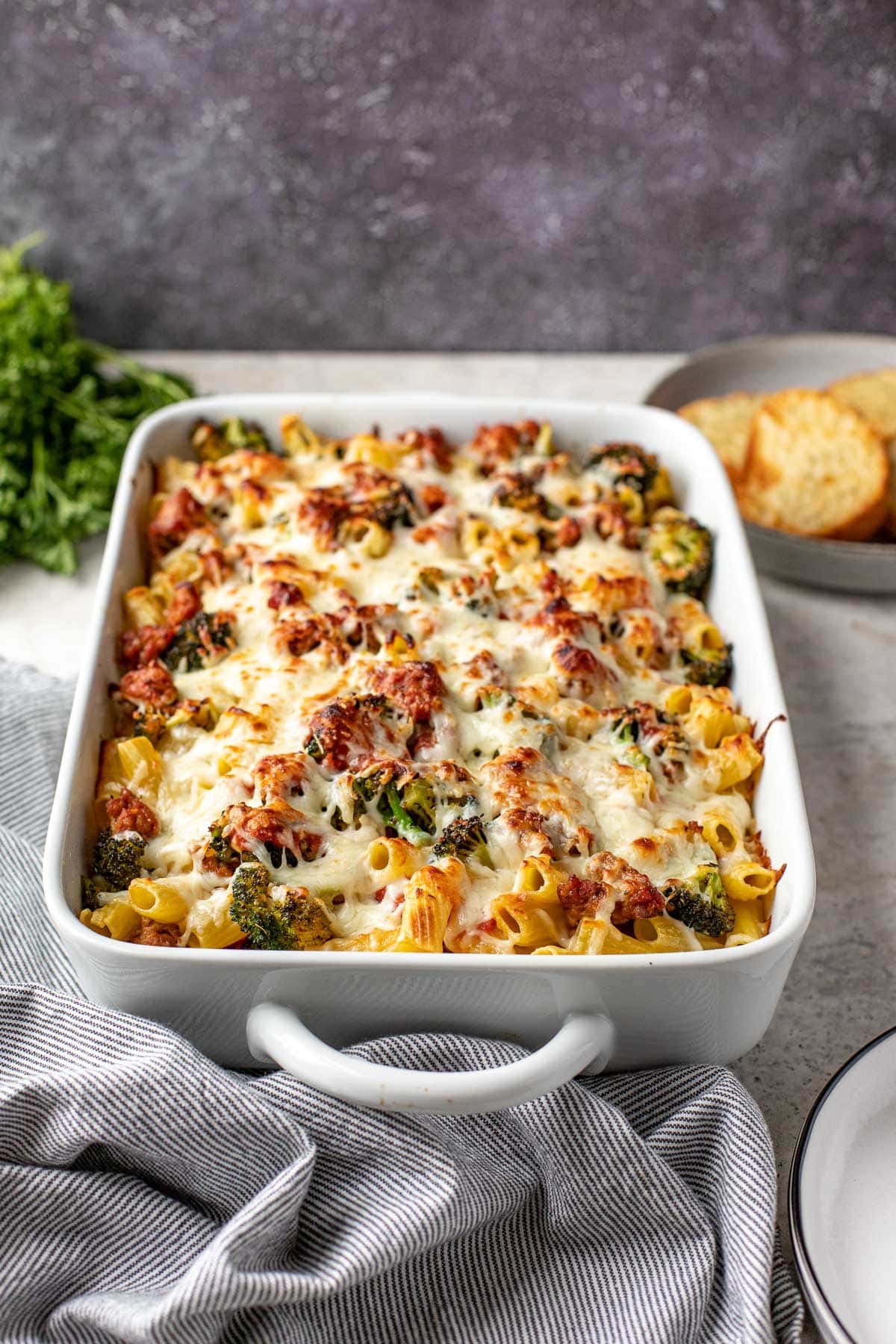 Baked Rigatoni in baking dish after baking