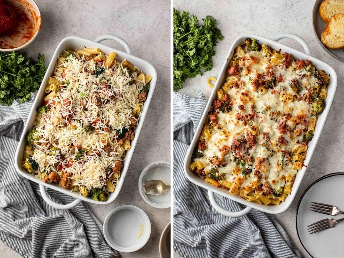 Baked Rigatoni before and after baking collage