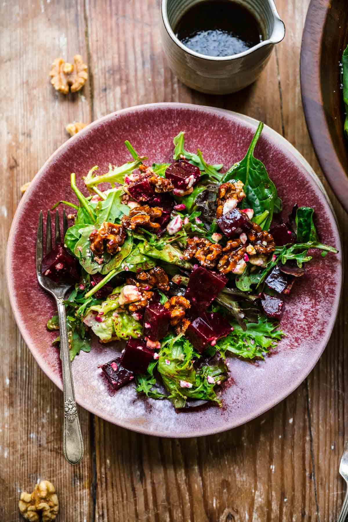 Beet and Goat Cheese Salad on plate with fork