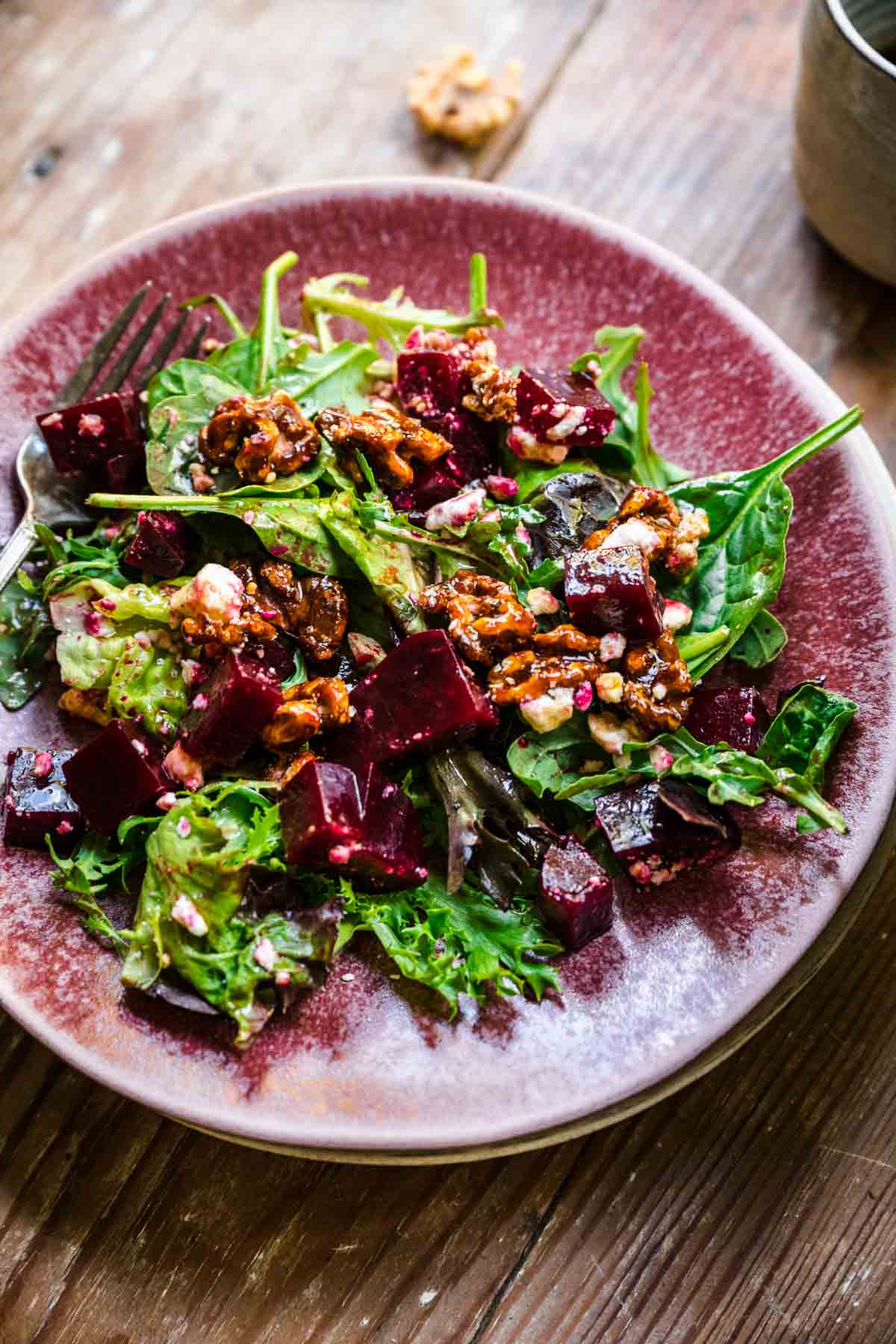 Beet and Goat Cheese Salad on plate with fork