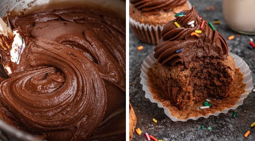 Brownie Cupcakes batter in bowl and baked cupcakes collage