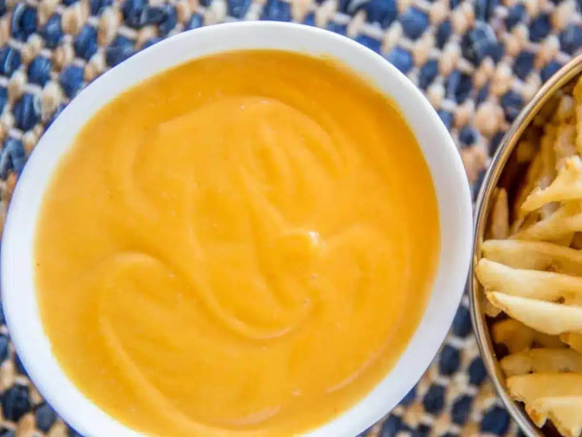 bowl of sauce with fries on the side 