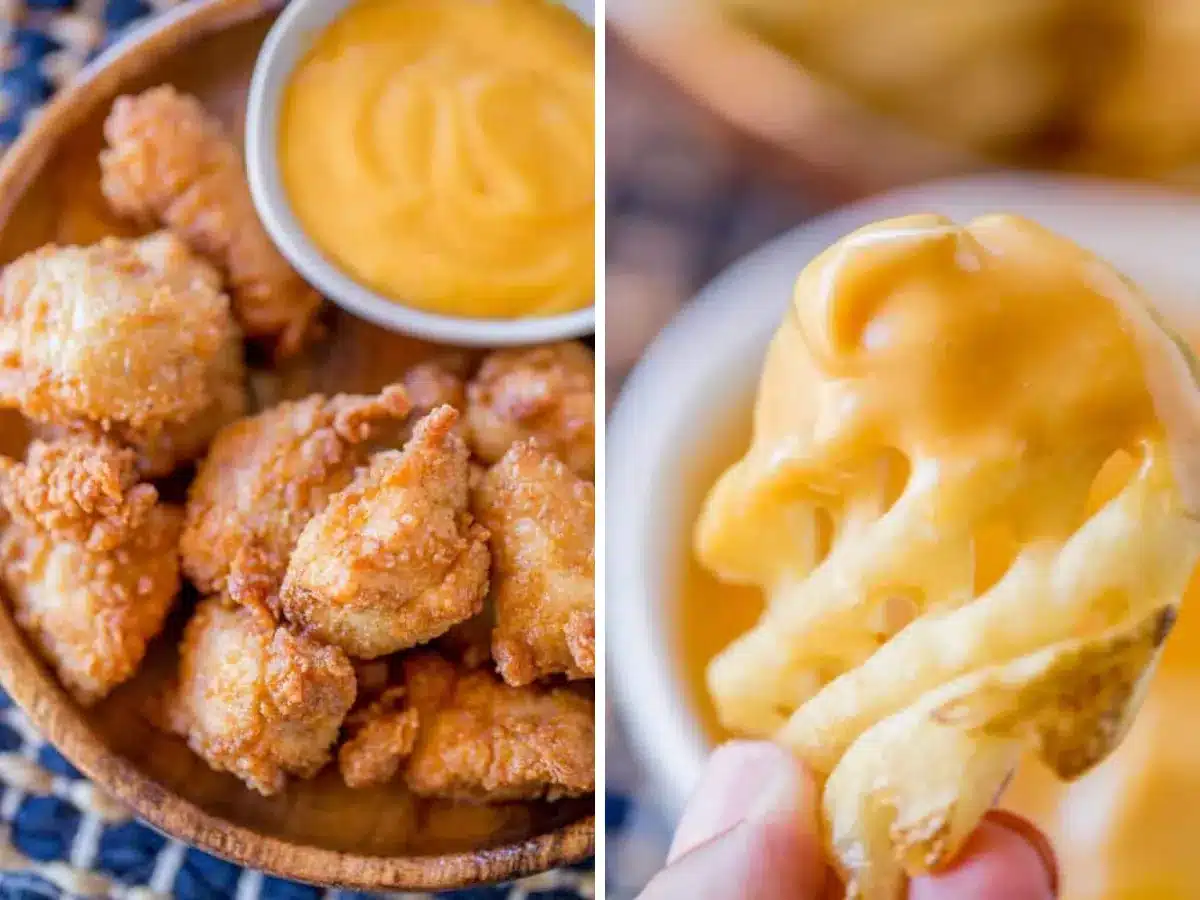 collage of chicken and fry with dipping sauce 
