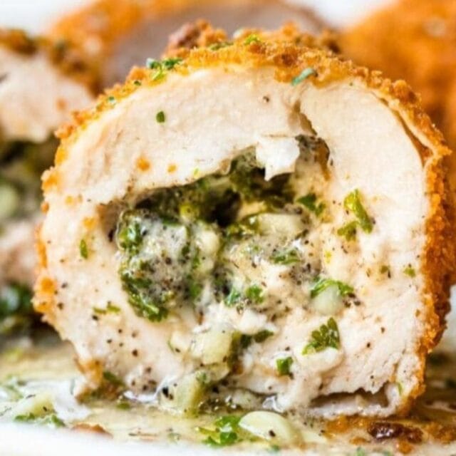 Close-up of the inside of the chicken with filling.