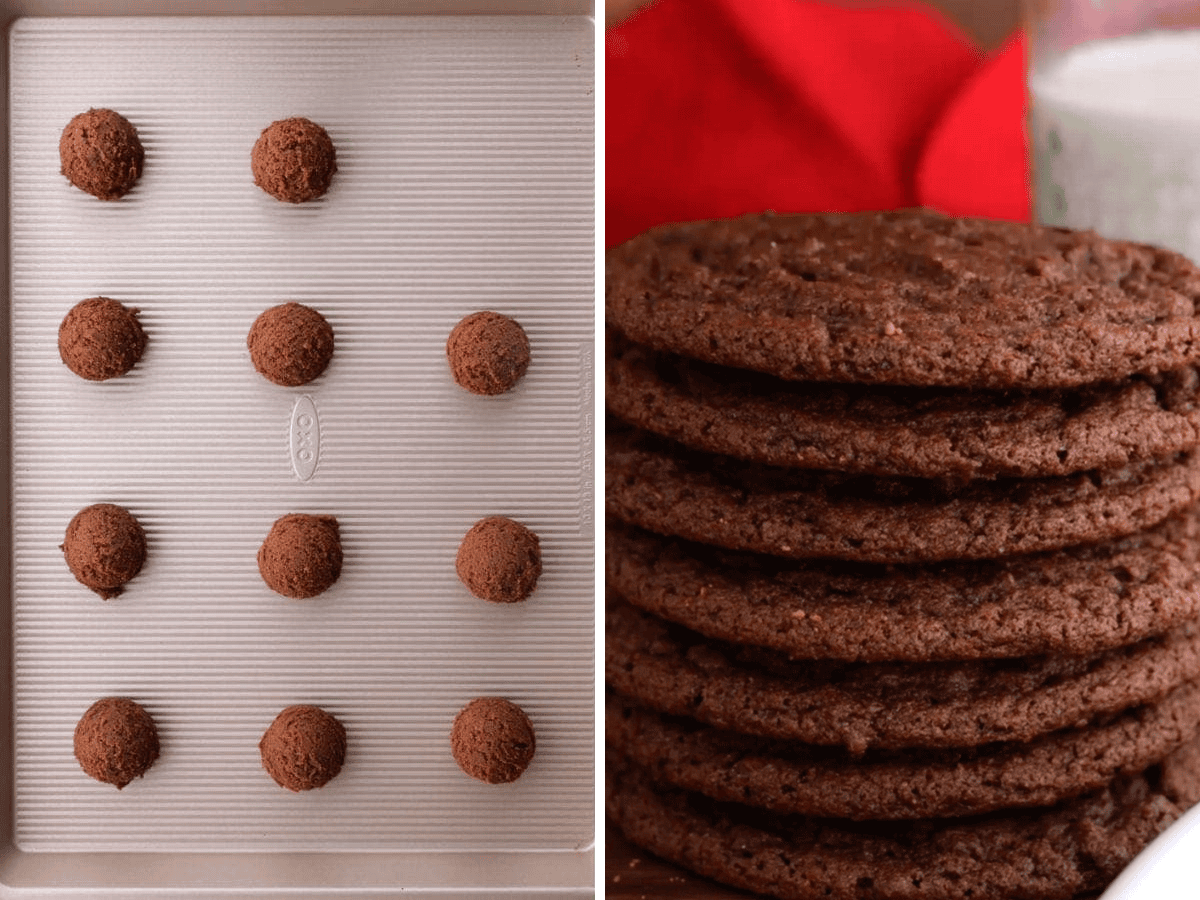 collage of cookies before baking and stack of cookies