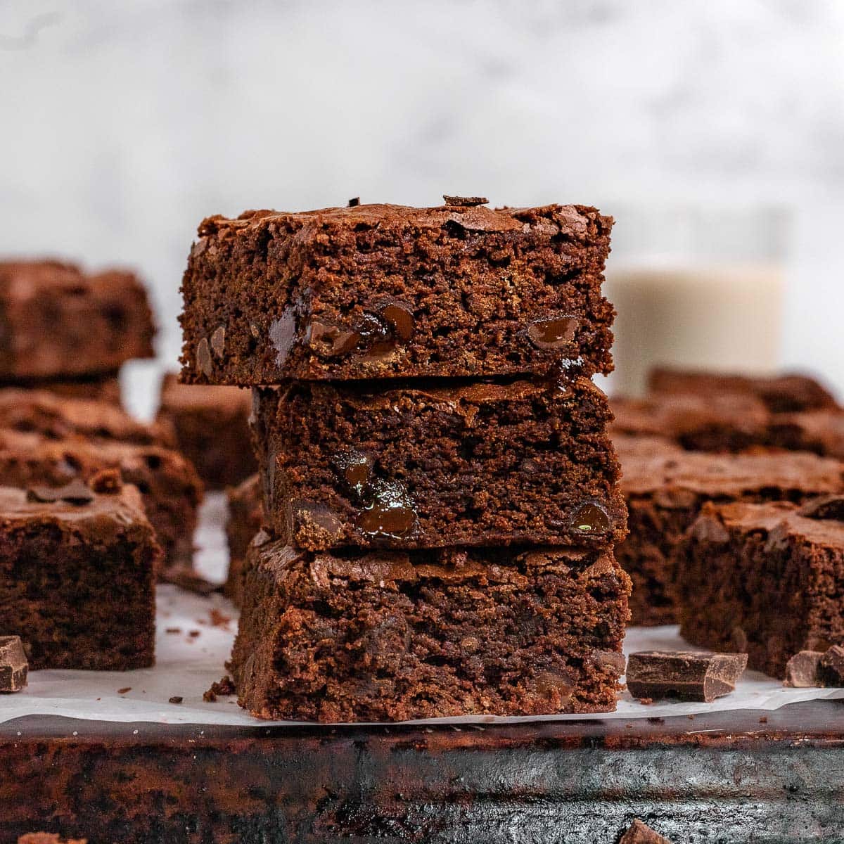 Double Chocolate Brownies three stacked on each other