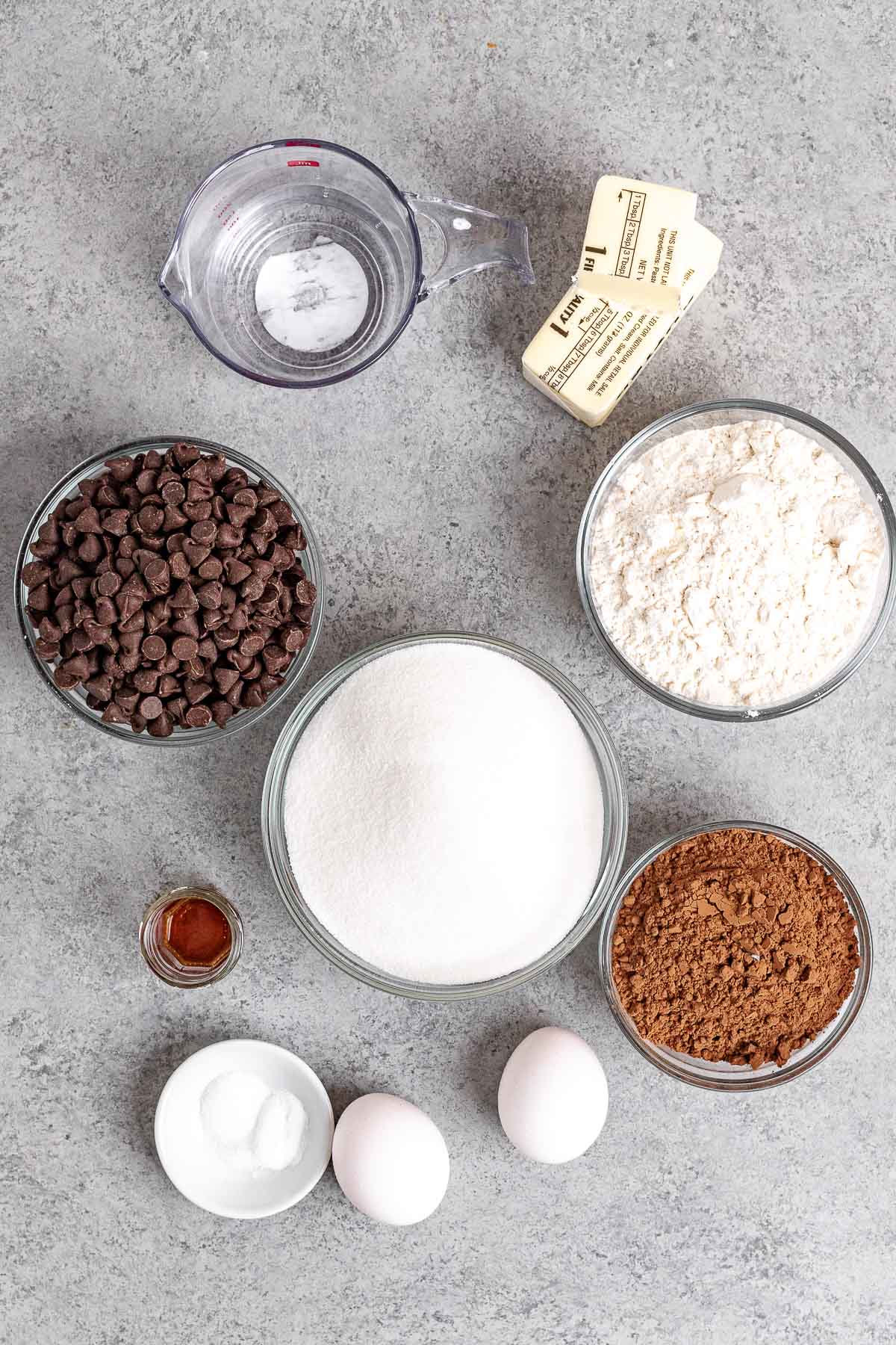 Double Chocolate Brownies ingredients in separate bowls