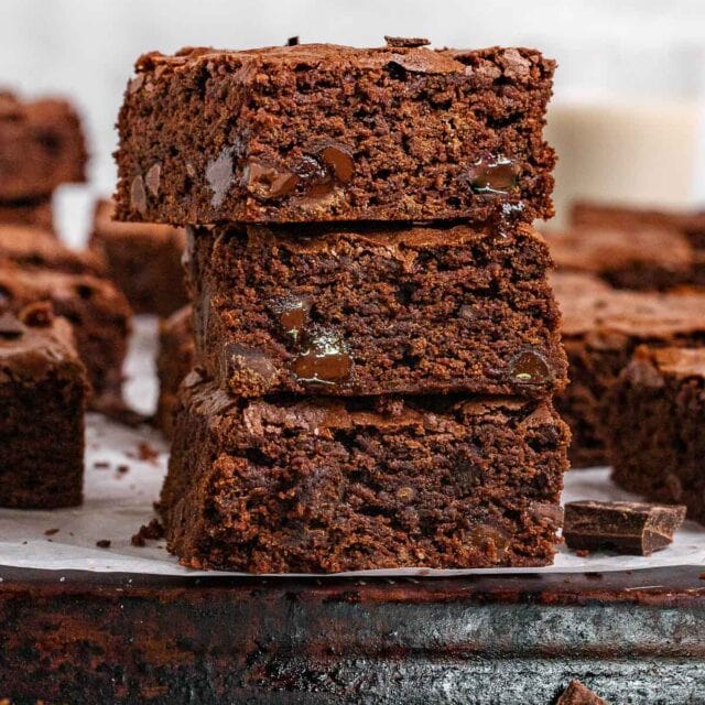 Double Chocolate Brownies three stacked on each other