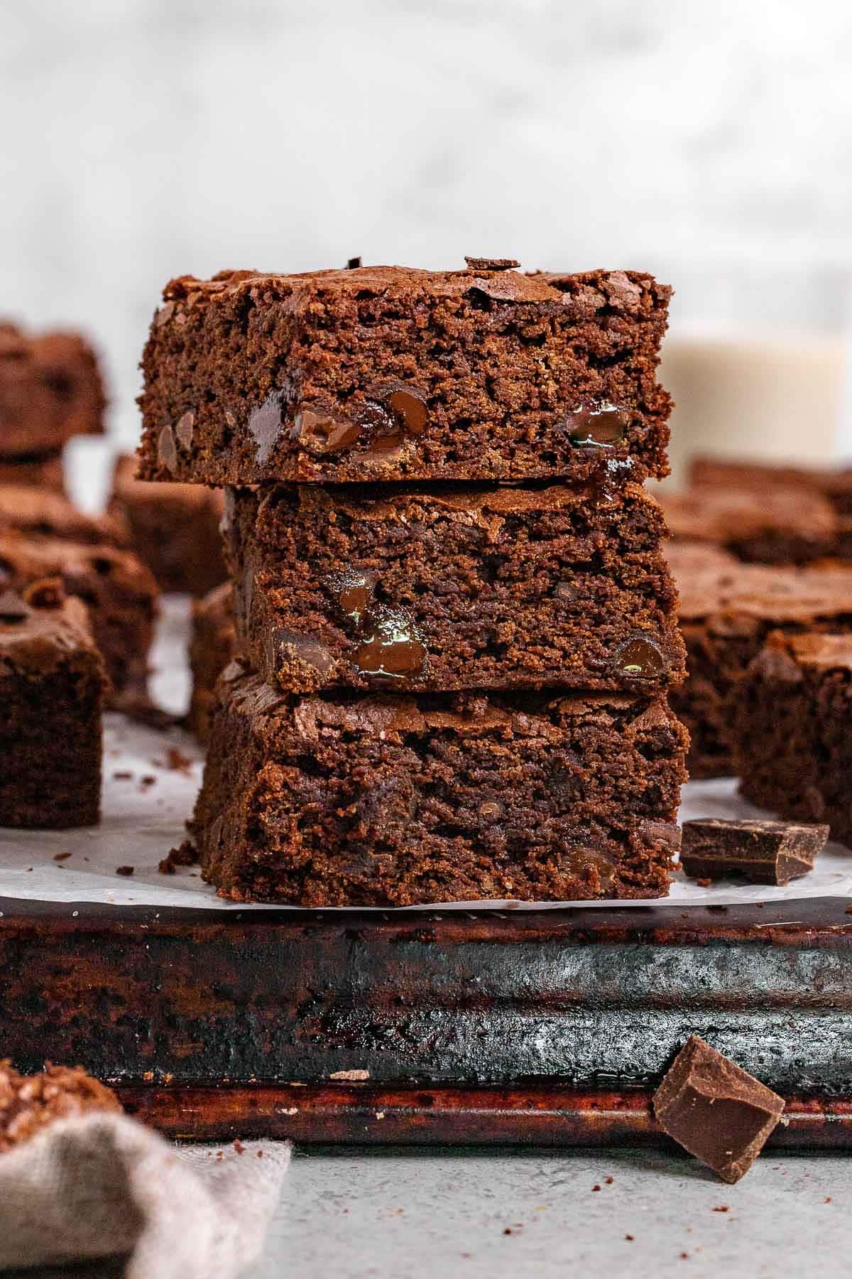 Double Chocolate Brownies three stacked on each other