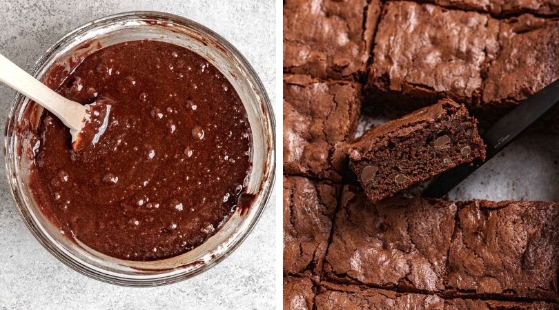 Double Chocolate Brownies batter in bowl and cut on parchment paper with center brownie on spatula collage